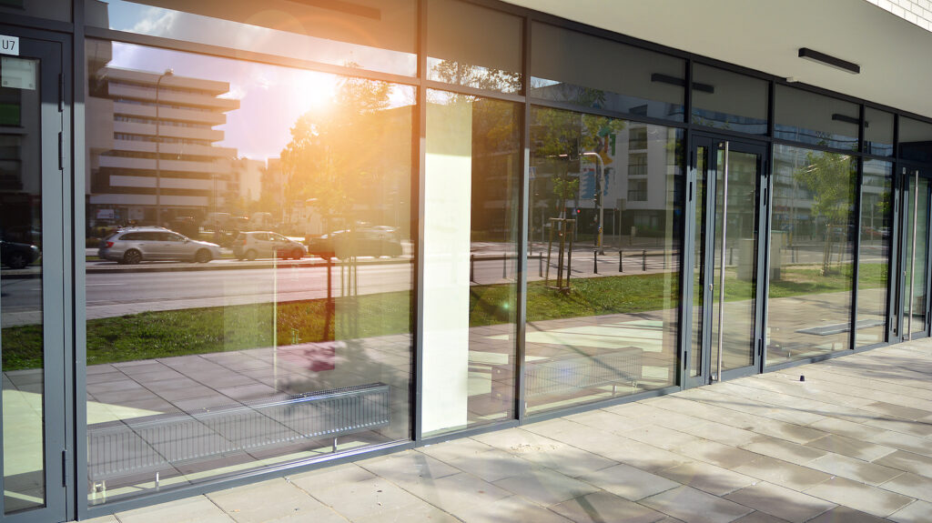 Clean exterior windows on a commercial building